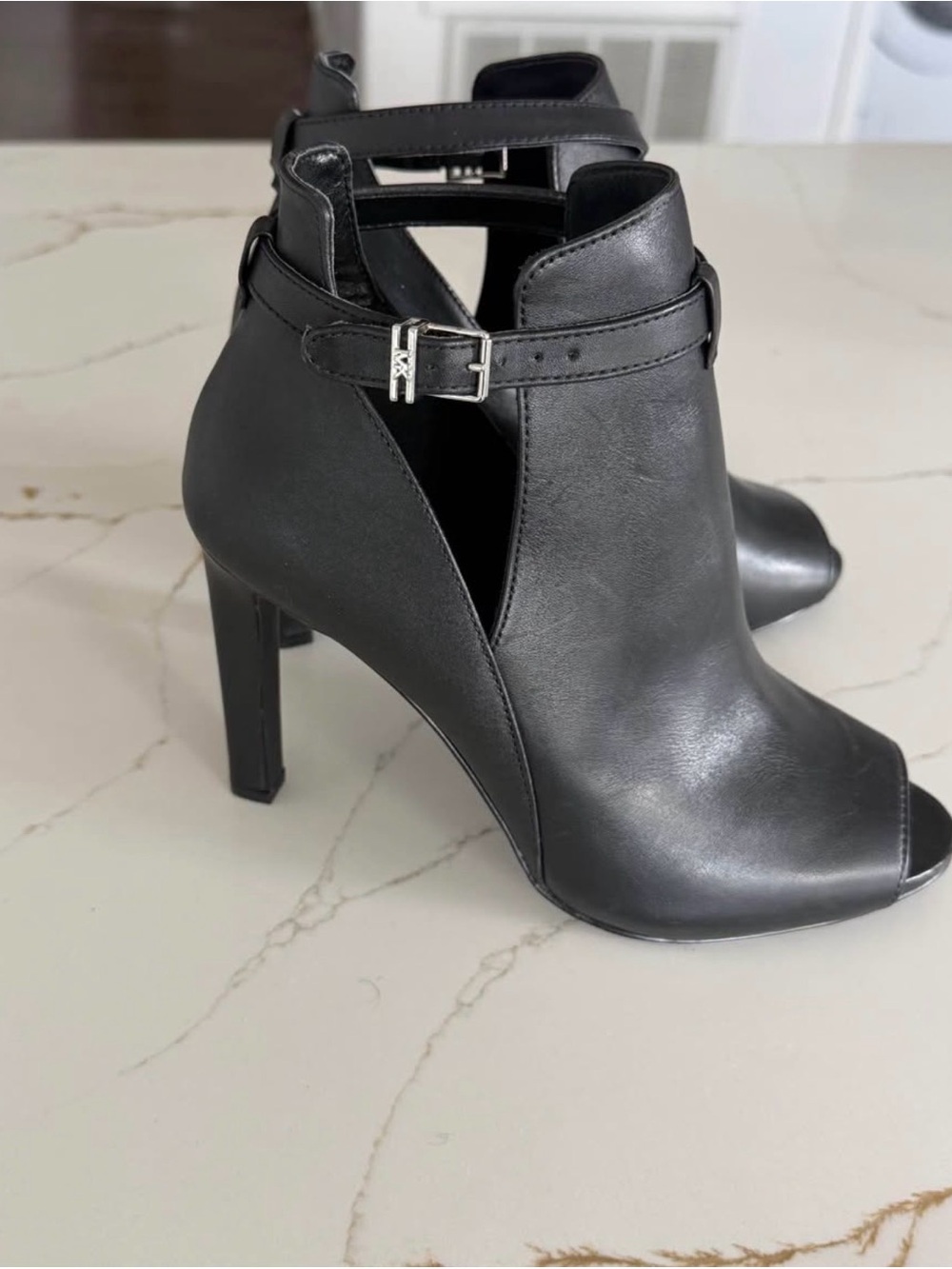 Michael Kors Black Peep-Toe Ankle Booties with Buckle Strap Accent
